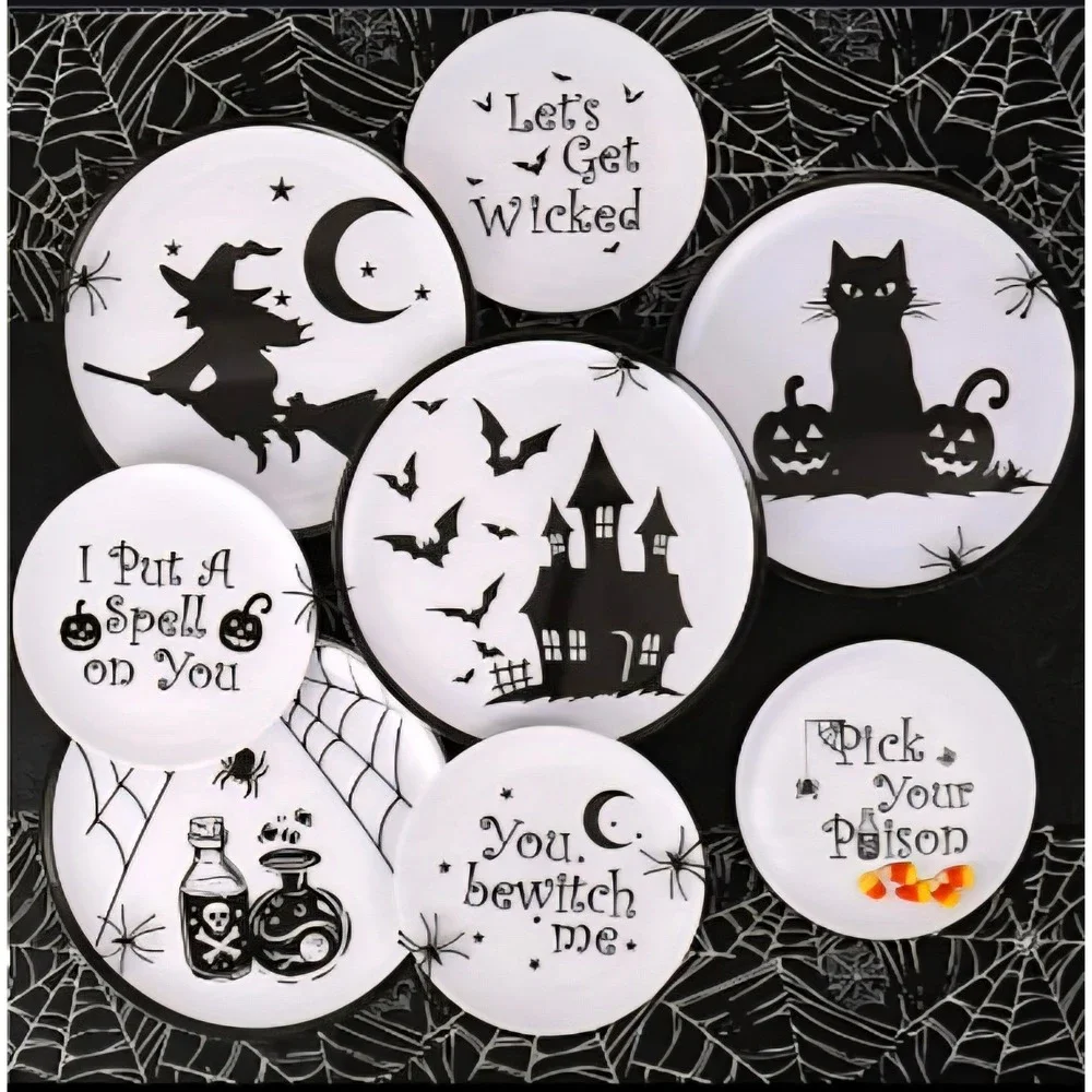 Halloween Melamine Plate Set 8pc Black White Spooky Graphics Witch Haunted House